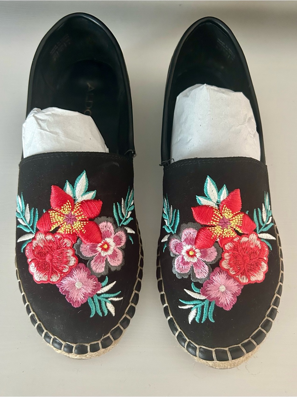 ALDO - BLACK ESPADRILLES + RED & PINK FLORAL EMBROIDERY